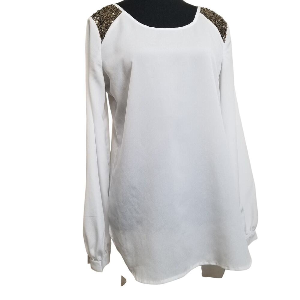 GiANNI BINI Women’s Long Sleeve White Sequin Shoulder Top Blouse Open Back Sz M